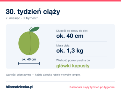 30. tydzień ciąży — dziecko mierzy ok. 40 cm, waży ok. 1,3 kg, wielkość porównywalna do główki kapusty