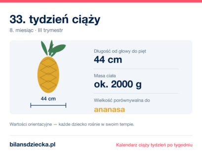 33. tydzień ciąży — dziecko mierzy 44 cm, waży ok. 2000 g, wielkość porównywalna do ananasa