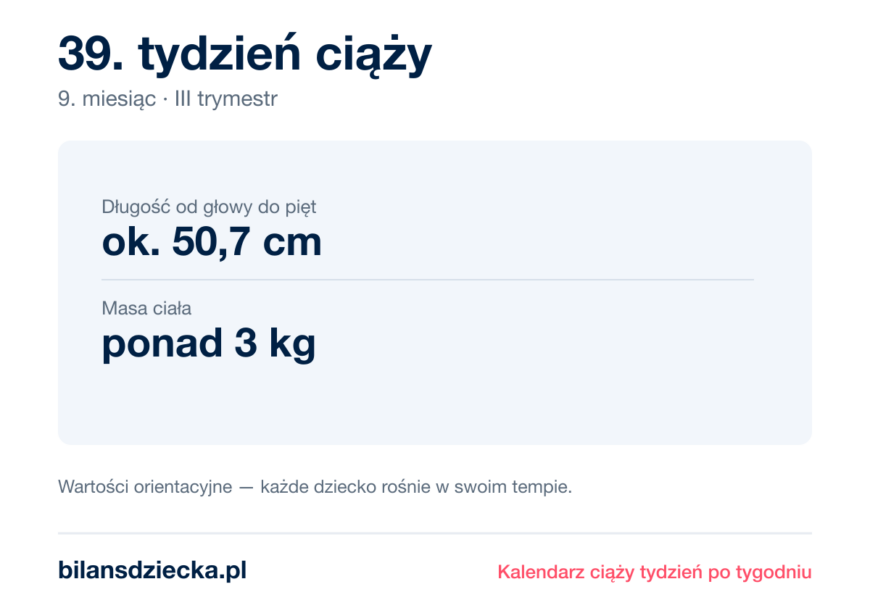 39. tydzień ciąży — dziecko mierzy ok. 50,7 cm, waży ponad 3 kg